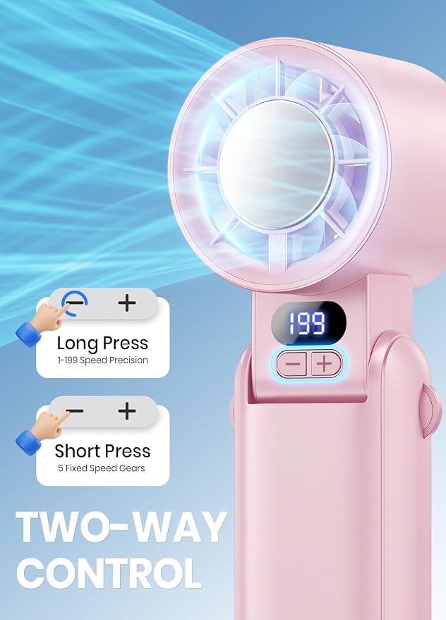 Portable Handheld Turbo Fan, 1-199 Speed Adjustable, Pink | 4 IN 1 Pocket Design with LED Display, High-Power Motor, Rechargeable Battery, Mini Fans for Indoor/Outdoor/Travel/Work