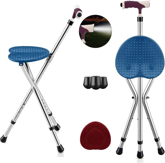 S AFSTAR Walking Cane with Seat, Height Adjustable Cane Chair with LED Light & Retractable 3 Legs, Portable Anti-Slip Seat Cane, Heavy Duty Walking Stick Chair for Seniors Elderly