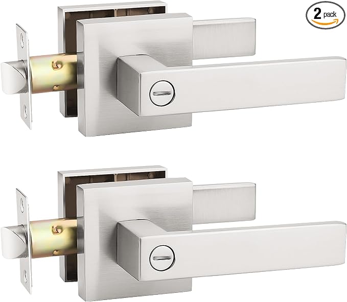 KNOBWELL 2 Pack Modern Square Door Handle Brushed Nickel, Privacy Interior Door Handle Bed and Bath Door Knob with Lock(No Key)