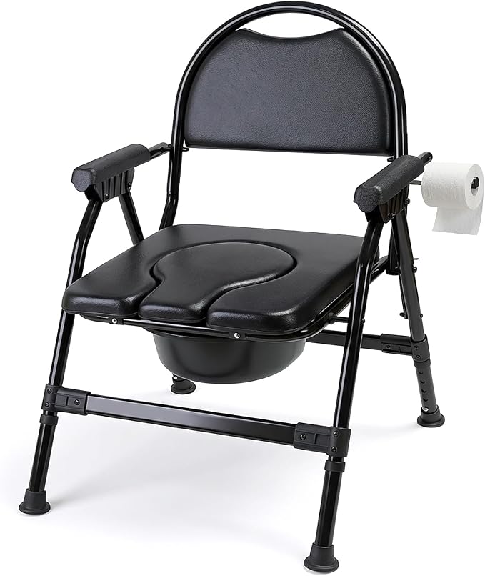 4-in-1 Folding Bedside Commode Chair with Seat Cover, Tool-Free Assembly Portable Toilet for Adults, Adjustable Height Bedside Commode for Seniors with Handles, 330lbs Support (Black)
