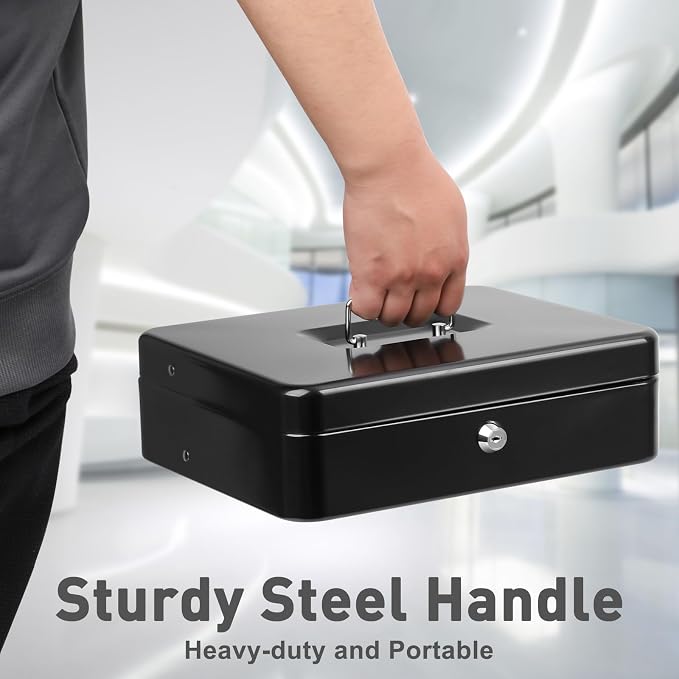 KYODOLED Cash Box with Key Lock–0.7mm Thick Metal Money Box for Flea Market Vendors, Craft Fairs & Small Business–Portable Cash Drawer with Auto-Pop Coin Tray & Windproof Bill Clips (11.8", Black)