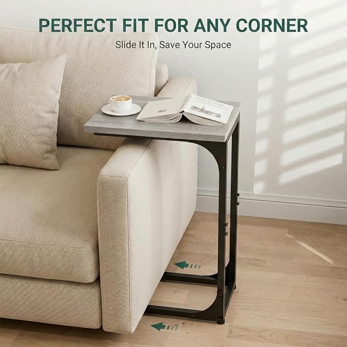 TEMI C Shaped End Table for Couch - Small Side Table and TV Tray for Eating or Laptop, Accent Desk for Chair or Sofa, Easy Assembly, Space-Saving Design for Living Room or Bedroom,Greige