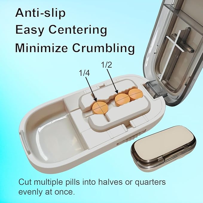 Pill Cutter for Cutting Multiple Pills, 1/2 1/4 Pill Splitter for Large, Small and Tiny Pills, with Improved Sharp Blade, Storage Organizer, Accurate Centering Alignment Device