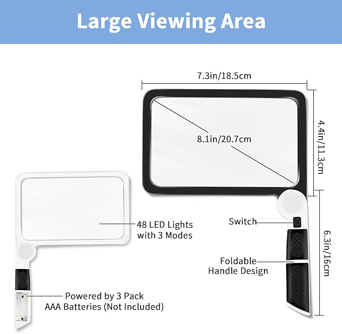 5X Magnifying Glass with Light, Lightweight Full Page Magnifier for Reading, Large Lighted Magnifier with 48 LED Light and Anti-Glare Lens, Ideal Gift for Seniors, Macular Degeneration, Low Visions