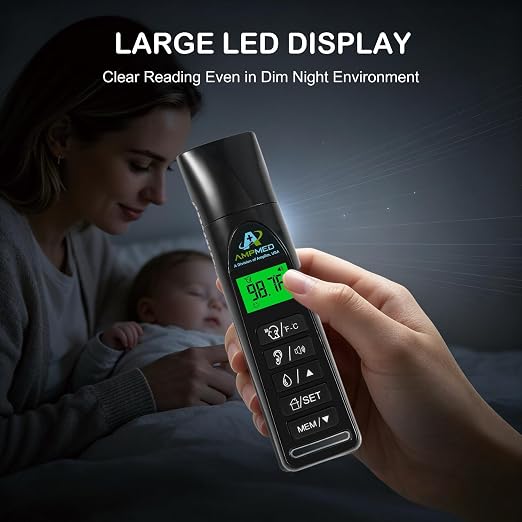 Baby Forehead & Ear Thermometer, 3-in-1 Infrared, Stand, Black | Touchless, For Baby, Infants, Toddlers, Kids & Adults, Base Stand & Clock