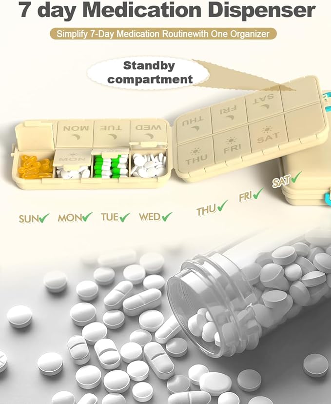 Pill Organizer Medicine Organizer Travel Essentials - Weekly Medicine Dispenser with Etched Labels, 7 Day AM PM Dispenser, Travel Pill Box, Foldable Medicine Case