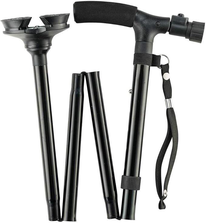 Folding Cane with Led Light, Adjustable Canes for Men and Women, Walking Stick for Elderly with Cushion Handle and Pivoting Quad Base for Hiking Mountain Climbing Backpacker…