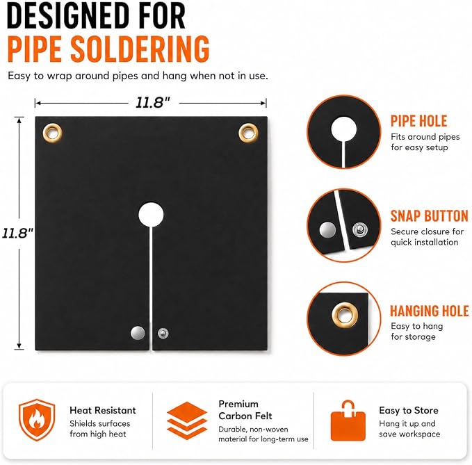Hvac Tools Welding Blanket Fireproof, 12x12inch Soldering Heat Shield Mat for Torch, Flame Protector, Soldering Repairs with Hole for Pipe, Welding Pad for Plumbing