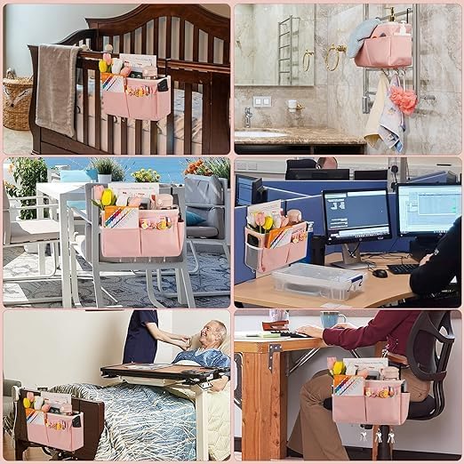 Bedside Caddy Organizer 5 Pockets 4 Hooks Bunk Bed 2Pack Pink | Hanging Storage Bag for Headboards