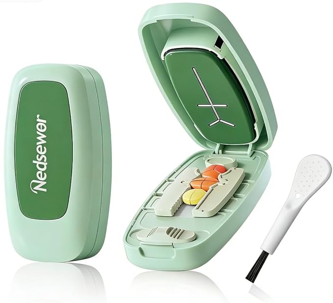 Pill Cutter for Small & Tiny Pills - Adjustable Multi-Cut Tablet Splitter (1/2, 1/3, 1/4 Cuts,) | Safe Hidden Blade & Portable Carry Around Pill Splitter for Cuting Vitamins, Tablets (Matcha Green)