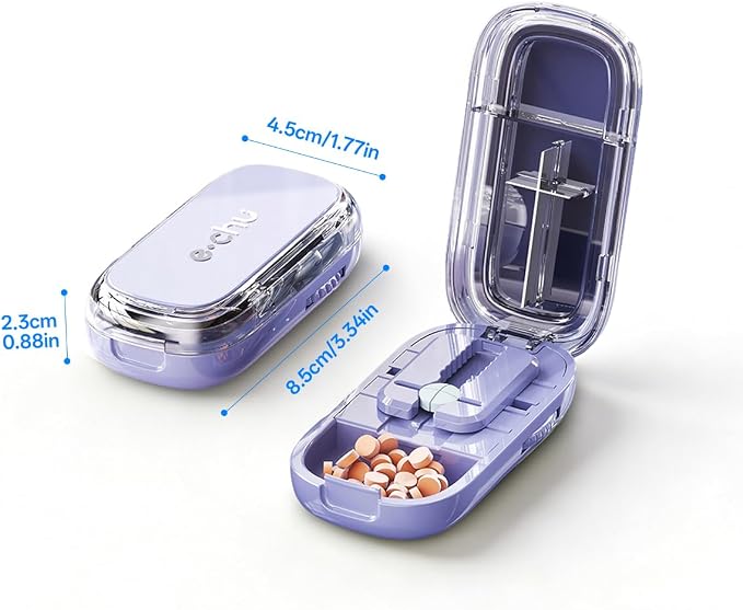 Pill Cutter Splitter for Small and Tiny Large Pills,Adjustable Pill Splitter Push-Button Cuts into 1/2, 1/3, 1/4，Comes with a Small Brush and a Medicine Storage Box (Purple, 1/4)