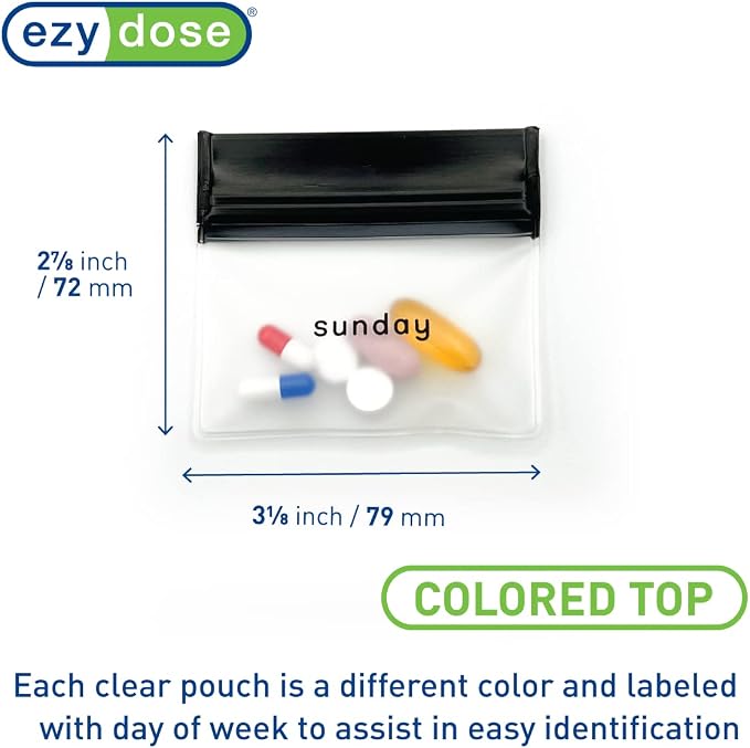 Ezy Dose Reusable 7-Day Travel Pill Pouch Set, Colored Days of the Week | Durable Travel-Sized Baggies, Includes Days of The Week Labels w/Color for Easy Identification, Silicone Storage