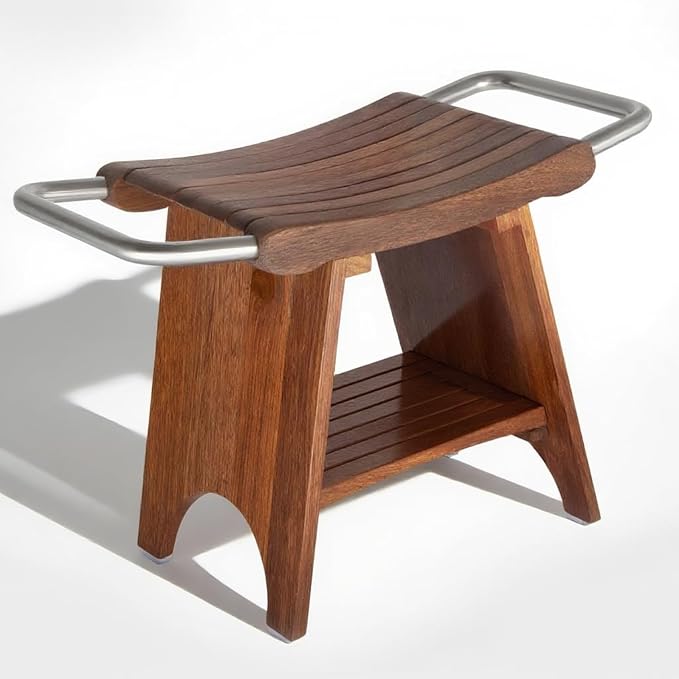 Teak Shower Bench with Stainless Steel Handles, 15” Waterproof Luxury Teak Shower Stool with Shelf, Compact Fit for Small Bathrooms, Easy Assembly Support 300 lbs