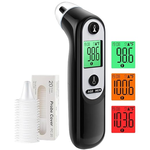 Viproud Digital Ear Thermometer for Kids & Adults, Accurate Results (Black) | With 21 Disposable Probe Covers, 1s Fast Reading, 3-color backlight screen, 30 Memory Recall, ℃/℉ Switchable, Silent Mode