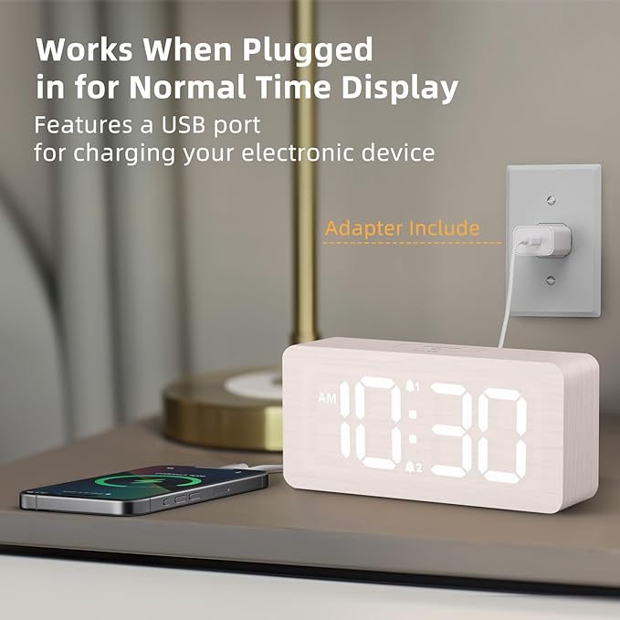 uscce Wooden Digital Alarm Clocks for Bedrooms with 0-100% Dimmable Display | Desk Clock with Large Numbers for Living Room - Loud Dual Alarm for Heavy Sleepers with Volume Control - Wood Decor & Gifts