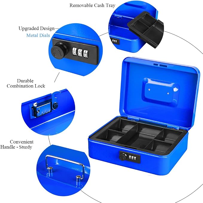Jssmst Large Cash Box with Combination Lock – Durable Metal Cash Box with Money Tray Blue(9.8 x 7.9 x 3.5), SM-CB07002L