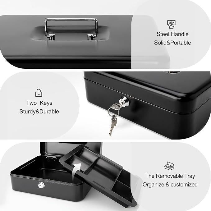 Jssmst Cash Box with Key Lock, Money Box with Cash Tray, Lock Box, Black, Large