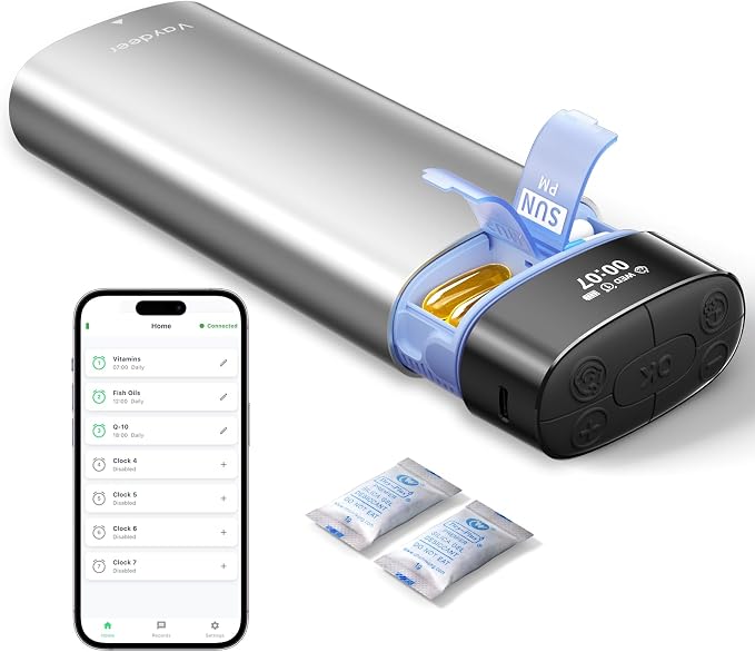 Vaydeer Smart Pill Organizer with Alarm, Metal 7-Day 2 Times a Day Pill Box | No App Required, Optional Bluetooth App, Built-in Desiccant, 7 Alarms, 3 Volume Levels, Airtight Automatic Pill Dispenser