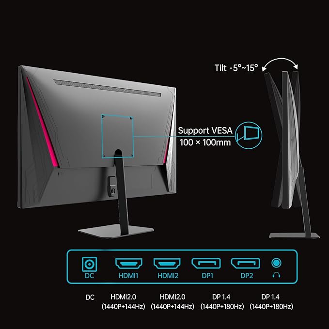 KTC 24 Inch 180Hz Gaming Monitor, 2K QHD Fast IPS PC Gaming Monitor, 1440p 1ms Computer Monitor 144Hz, G-Sync and FreeSync Compatibility, HDR Support, HDMI Displayport, VESA, Q24T09