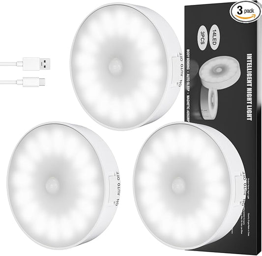 14 LEDs Motion Sensor Light Indoor, 3 Pack Rechargeable Night Light | Rechargeable, Wide Detection Range, 5 Light Modes, Bedroom Closet Lights, Anywhere Stair Light, Hallway Light- Cold White