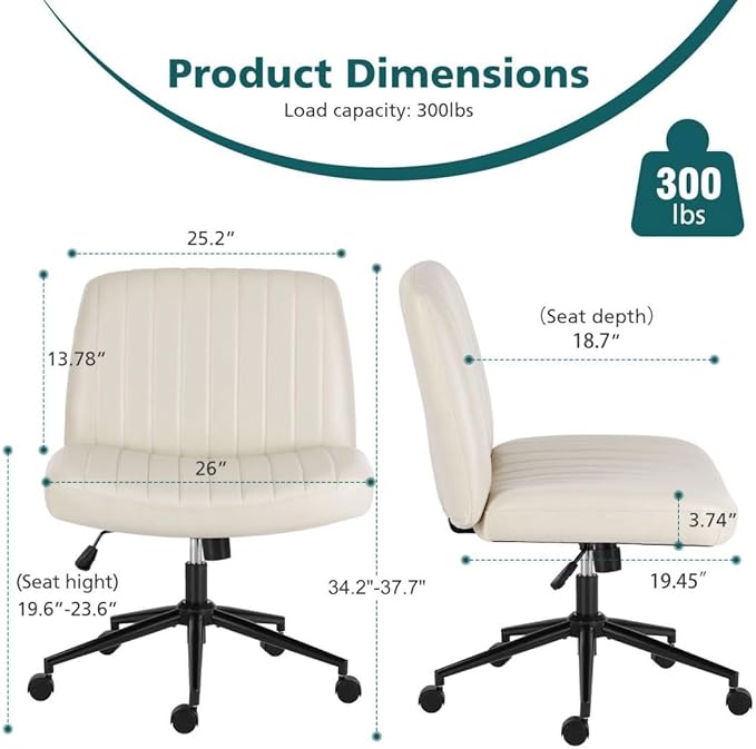Criss Cross Chair with Wheels, Ergonomic Armless Swivel Comfy Vanity Seat, Wide Back Support and Adjustable Height for Home Office Bedroom Computer Gaming Makeup, Beige Leather