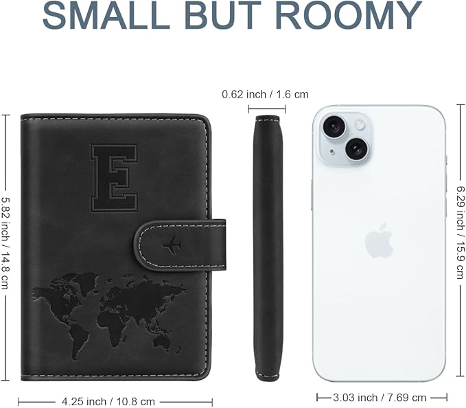 Passport Holder for Travel Essentials Personalized Initial Wallets | Embossed Letter A-Z Design, RFID Blocking, Passport Cover, Passport Book Holders, Men Women, Personalized Gifts, Black-E