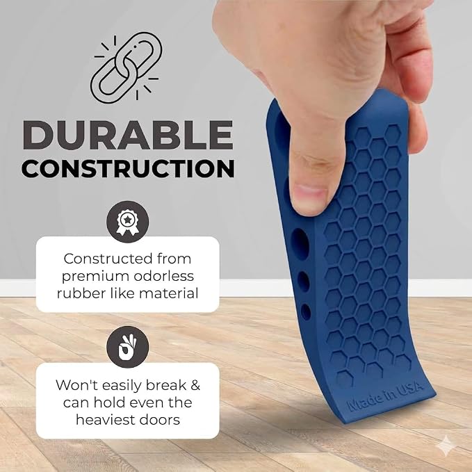 Door Stoppers for Bottom of Door Premium Floor Rubber Door Stop Wedge Made in USA Heavy Duty Honeycomb Design for Carpet, Tile, Ideal for Home, School, Commercial,Blue 3 Pack
