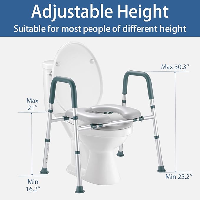 Raised Toilet Seat with Handles, Toilet Seat Riser for Seniors with Adjustable Height & Width, 400lb Cozy Padded Elevated Toilet Seat for Elderly, Handicap and Disabled, Fit Any Toilet