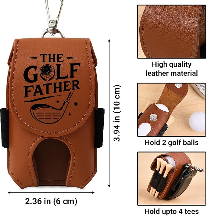Wrappiness The Golf Father Golf Ball Bag - Golfer Accessories for Men Premium Leather Holder with Clip - Custom Golf Tee Pouch Unique Gift for Dad