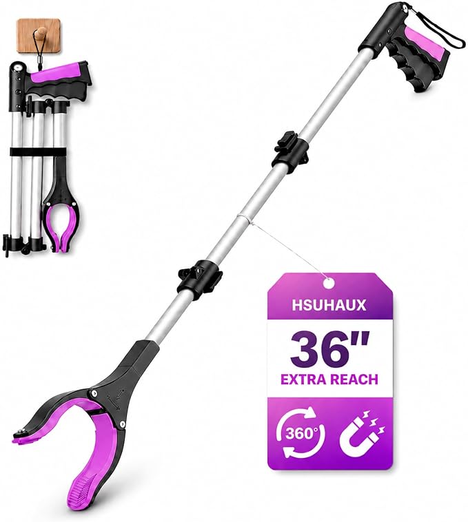 36" Grabber Reacher Tool, Reacher Grabber Pickup Tool with 4" Wide Anti-Slip Jaw, Rotating Head and Magnetic Tip, Grabbers for Seniors, Post-Surgery Use Heavy Duty, Purple Pink