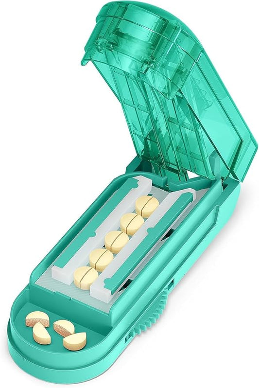 ONE PIX Multiple Pill Cutter Splitter for Small and Tiny Pills, Accurate 1/2 Tablet Splitter with Adjustable Bars & Hidden Blade, Safely Cuts Large Medication for Seniors & Pets, Cyan