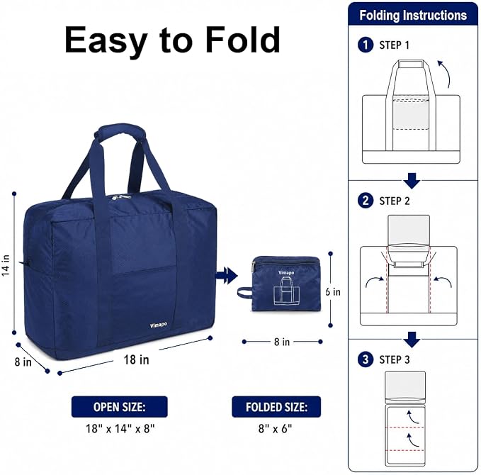 Foldable Travel Duffle Bag with Trolley Sleeve 40L Capacity, Lightweight Packable Travel Duffel Bags with the Keyhole Zipper, Weekender Overnight Nylon Carry on Bag for Men & Women, Blue