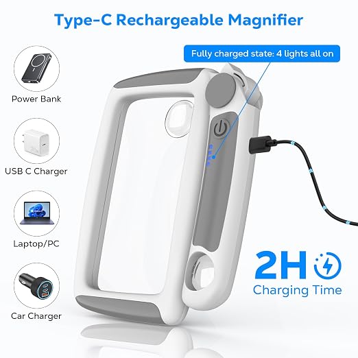 MoKo Magnifying Glass with Light, 5X/20X/45X Full-Page Magnifier | Rechargeable magnifying glass for reading has 20 LEDs, 3 light levels and a foldable handle; grey finish.