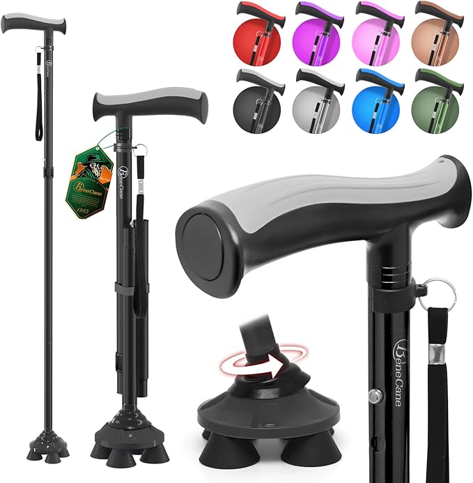 BeneCane Walking Cane for Men & Women Walking Stick for Seniors Folding Canes Quad Cane Adjustable Lightweight Sturdy Collapsible Heavy Duty with Soft TPR T-Handle and Travel Bag