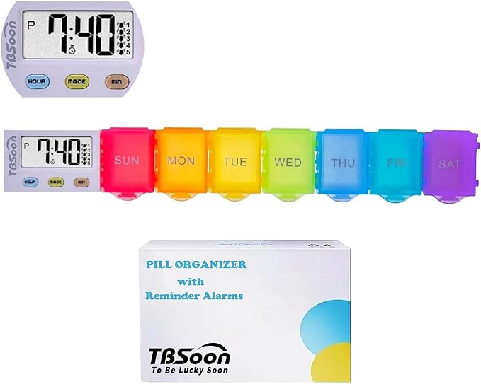 [4 in 1] 7 Day Medicine Pill Organizer+5 Reminder Alarms+Timer+Clock,Large Compartment,Loud Sound,Large Screen,Moisture-Proof,Dust-Proof,Travel Weekly/Daily Pill Box/Organizer/Case/Container/Dispenser