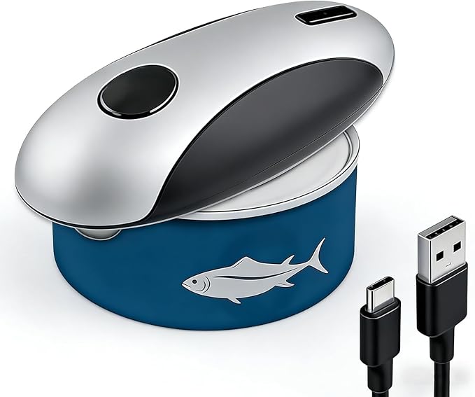 Kitchen Rechargeable Electric Can Opener, One-Touch Opening, Smooth Rim, USB-C Fast Charge, Senior Friendly, Silver, Hands-Free Design, Easy to Grip and Fits Most Cans