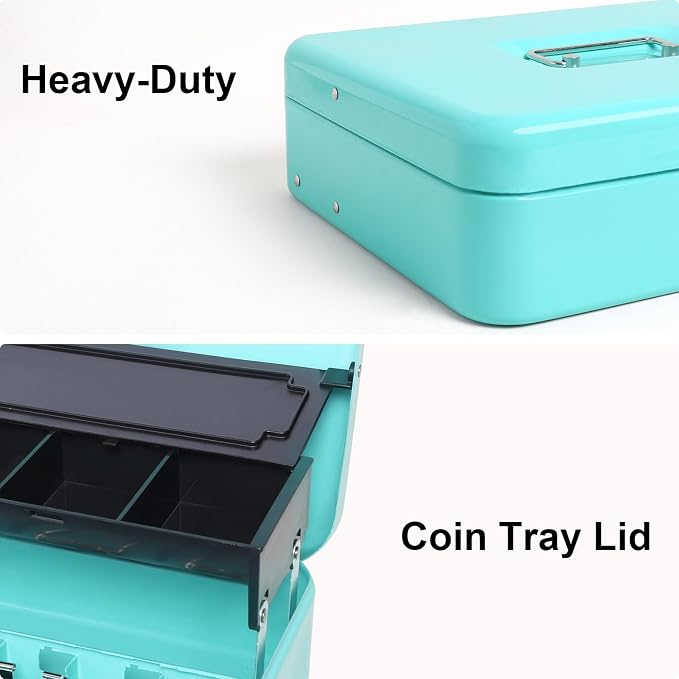 Jssmst Locking Metal Cash Box with Coin Lid, 11.8L x 9.5W x 3.5H Inches, Safe Money Box with Key Lock, Light Blue, SM-CB0519LB