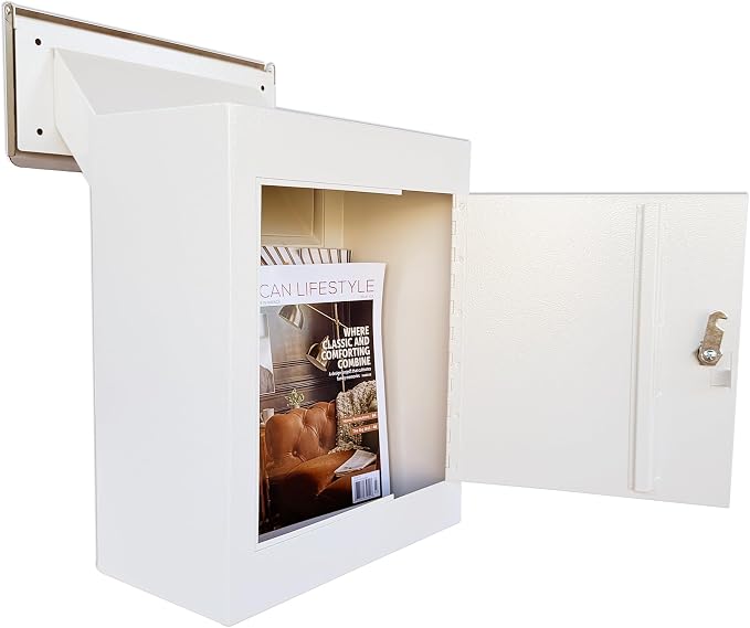 Through-the-Wall Locking Mailbox with Anti-Fishing Chute | Heavy-Duty Steel Mail Drop Box with Rainproof Cover & Adjustable Sleeve for Homes, Offices & Apartments, White