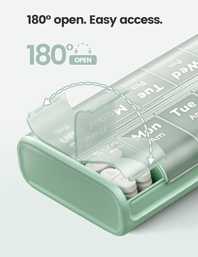 AM PM Pill Organizer 7 Day, 2 Times a Day Weekly Pill Box with Moisture-Proof Desiccant, Compact Easy-Open Medicine Case for Vitamins, Supplement