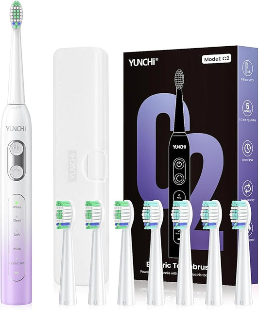 YUNCHI Electric Toothbrush Birthday/Valentine Plastic 8 Dupont Heads 24-Mo Deep Cleans Gentle Gums Removes Stains 3Hr USB-C 90d 2-Min Timer/30s IPX7 - Purple