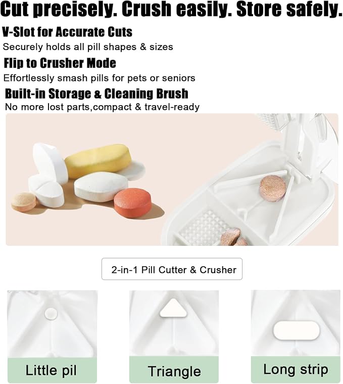 Clear Pill Cutter & Crusher – Precision Tablet Splitter with Safety Blade Guard, Pill Storage and Built-in Cleaning Brush – for Small and Large Pills, Travel Ready (Transparent White)