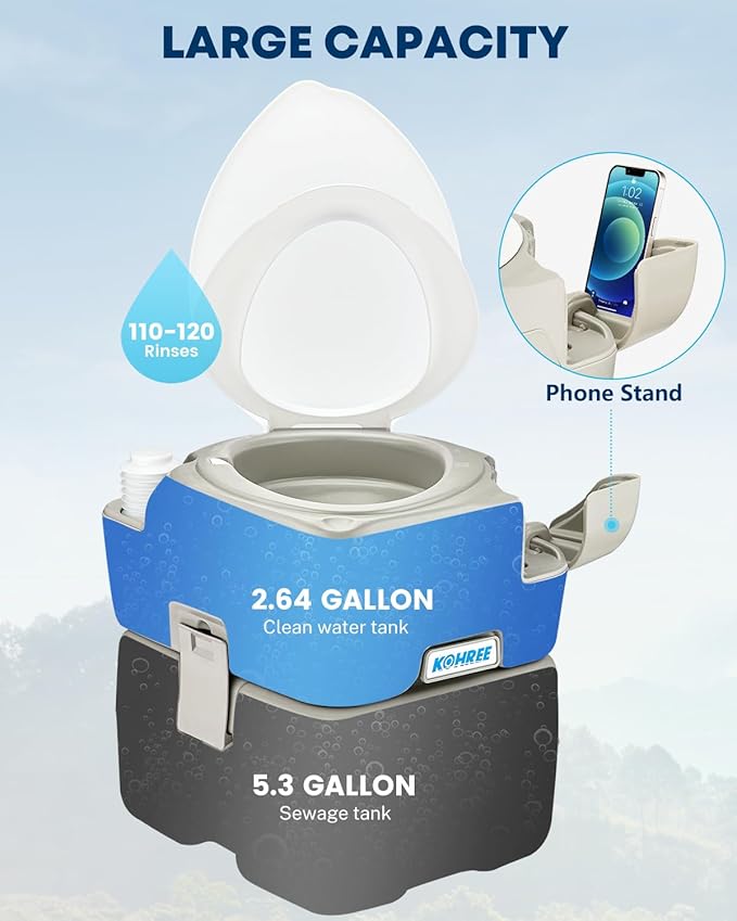 Kohree Portable Toilet for Camping 5.3 Gallon, 20L Cassette Toilet | Porta Potty for Adults with Diagonal Elongated Bowl Seat, Bellows Flush Pump, Flushable Leakproof Toilet for RV Trailer Camp
