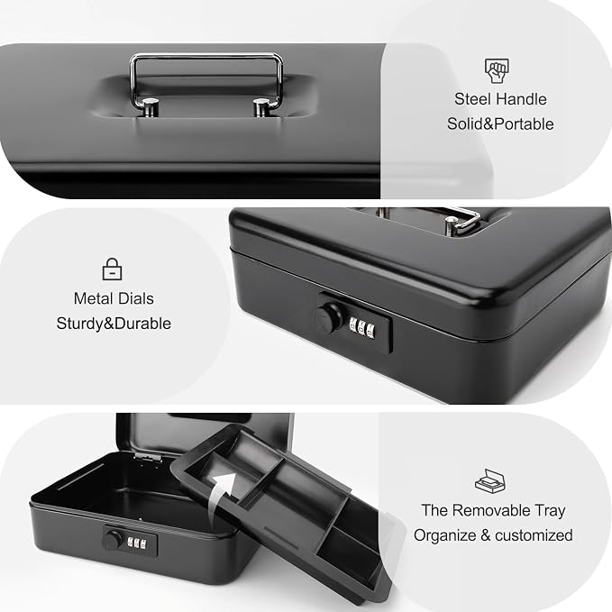 Jssmst Large Cash Box with Combination Lock – Durable Metal Cash Box with Money Tray Black(9.8 x 7.9 x 3.5), SM-CB07001L