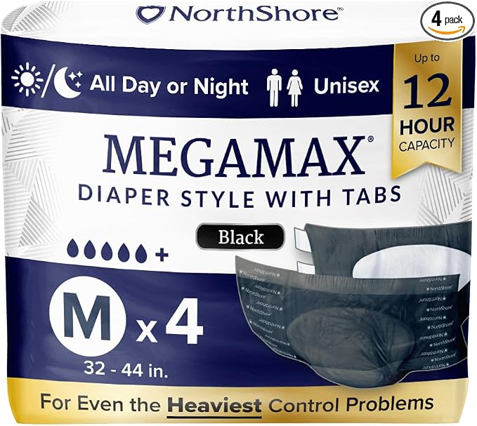 NorthShore MegaMax 12-Hour HBL Adult Diapers for Heavy Bladder Leaks, Medium, 4 Count, Black, 32-44 inches, Tab-Style Incontinence Underwear for Men, Women & Teens