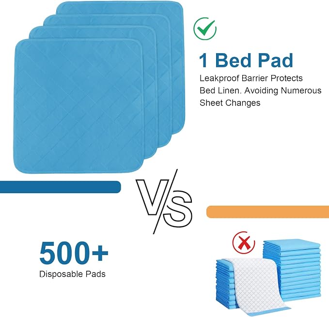Bed Pads Washable Waterproof for Incontinence 34'' x 36'' 4 Pack | Reusable Underpads for Adults, Washable Pee Pads, Great for Dogs, Cats, Bunny, Seniors Bed Pad, Hospital Bed Sheets, Blue