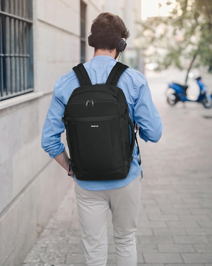 ECOHUB 17'' Small Travel Backpack, United Airlines Personal Item Bag 16.9"x10"x7.5" Carry on Backpack with USB Port Luggage Sleeve Travel Essentials for Men Women Water Resistant, Black