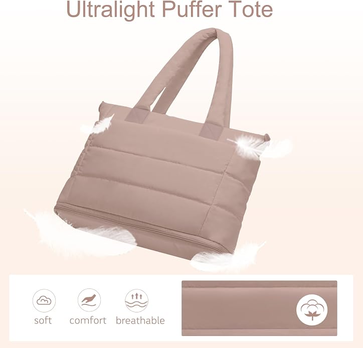 Puffer Tote Bag for Women Quilted Nurse Bag Lightweight Work Bag for Teacher Travel Handbag with Multiple Pockets