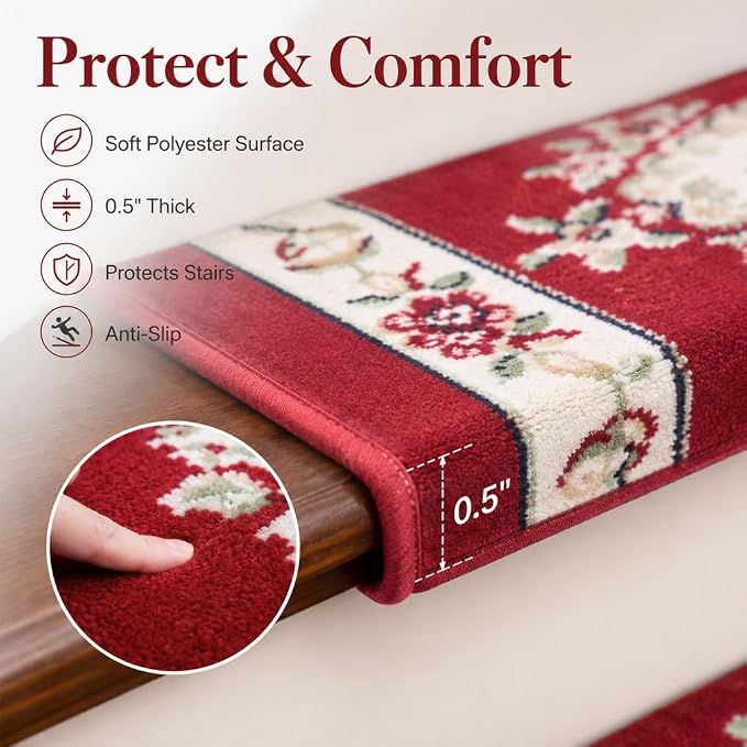 Rounded Bullnose Carpet Stair Treads for Wooden Steps Indoor, No Tape Non Slip Step Mats with TPU Backing & Steel Reinforced Edge for Dogs Elders,Red Medallion,14