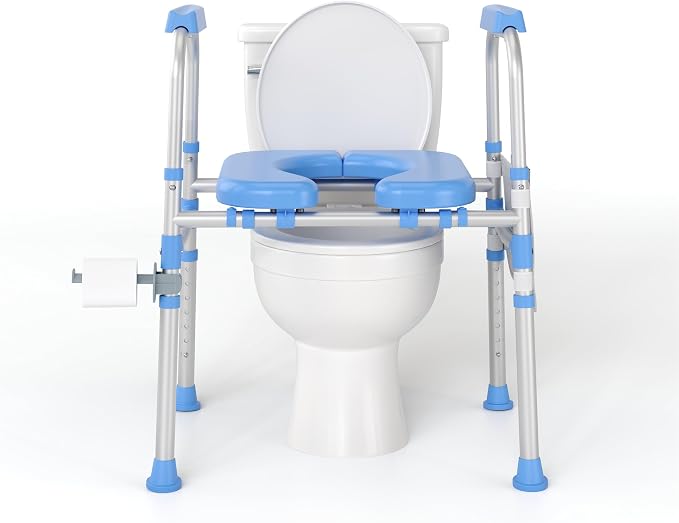 Heavy Duty Toilet Seat Riser for Seniors, Anti-Wobble Standalone Raised Toilet Seat with Handles, Adjustable Padded Commode Safety Frame for Bariatric, Handicap & Surgery Recovery