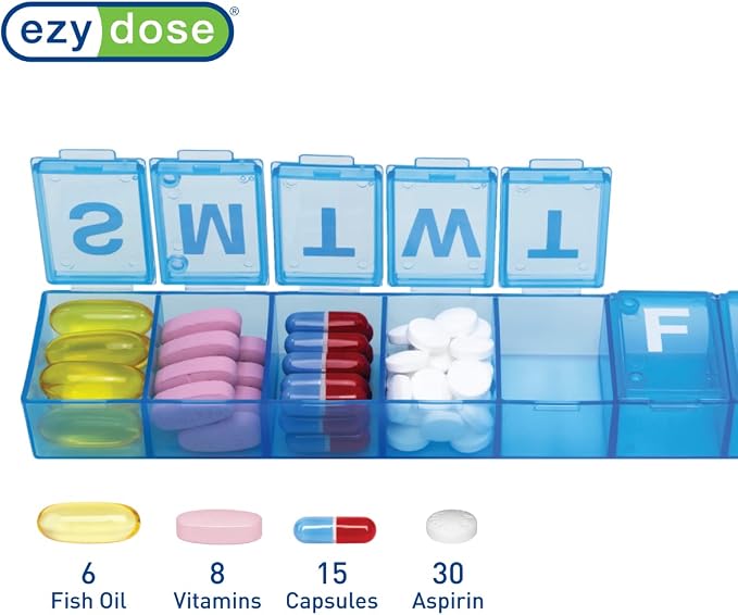 Ezy Dose Weekly (7-Day) Pill Organizer, X-Large Medicine Planner, Blue | Spacious Compartments for Pills & Supplements, Durable Design, Easy-Open Lids, Perfect for Home & Travel Use, BPA-Free